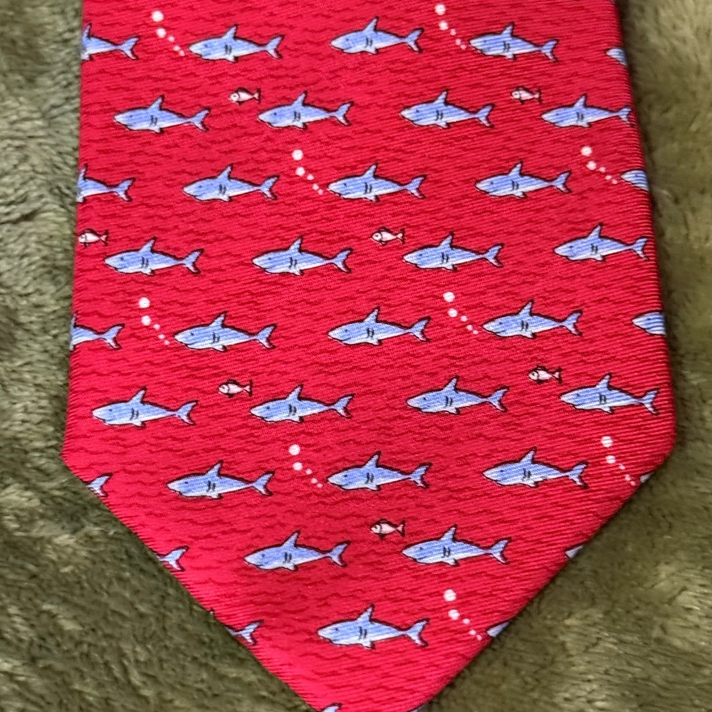 Tommy Hilfiger Red Shark Fish Pattern 100% Silk Tie Fun Novelty Heritage NWOT